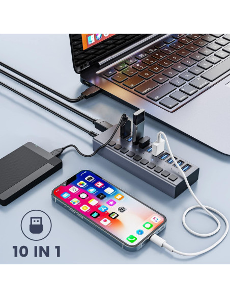Hub USB 3.0 10 Puertos ACASIS Alimentado 48W con Interruptores Hub USB 3.0 10 Puertos ACASIS Alimentado 48W con Interruptores
