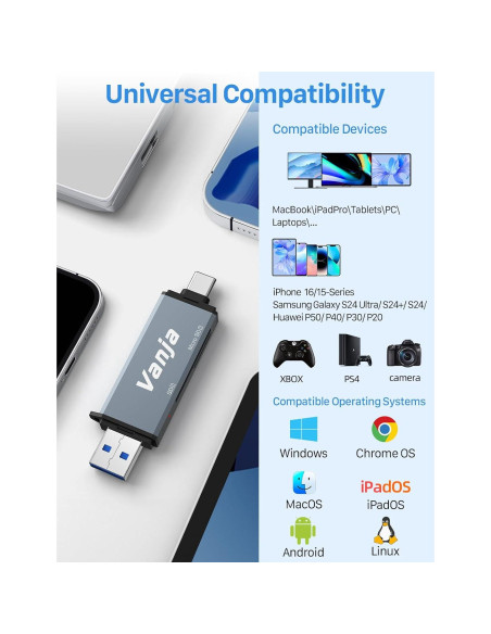 Lector de Tarjetas SD Vanja USB C 3.0 y Micro SD, 32g Lector de Tarjetas SD Vanja USB C 3.0 y Micro SD, 32g