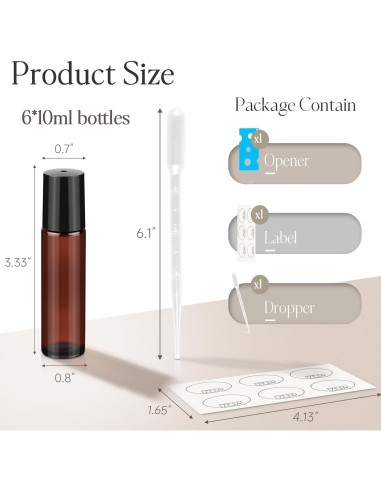 Set de 6 Botellas de Rodillo 10ml ZEJIA Vidrio Ámbar
