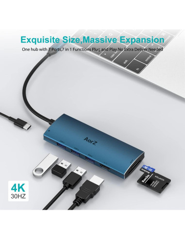 Hub USB C AorZ 7 en 1 HDMI 4K, 3 USB 3.0, Carga 100W