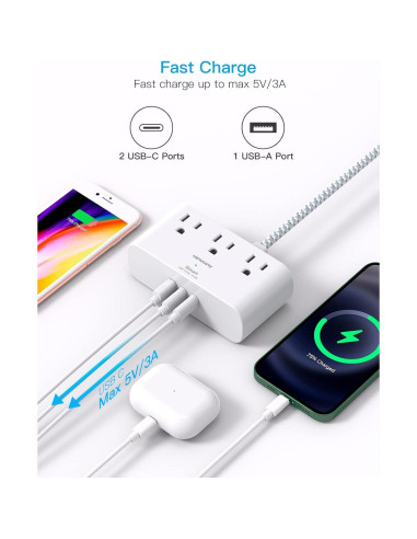 Regleta de Enchufe HANYCONY 3 Salidas 3 USB C 30.48 cm