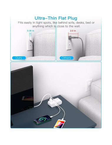Regleta de Enchufe HANYCONY 3 Salidas 3 USB C 30.48 cm