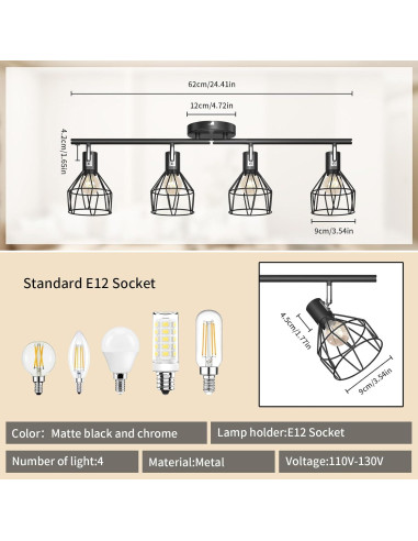 Luz de Techo de Cocina GORDNWE 4 Luces E12 Ajustable Negra