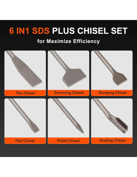 Juego de Cinceles SDS Plus COMOWARE 6 Piezas Acero 40Cr Juego de Cinceles SDS Plus COMOWARE 6 Piezas Acero 40Cr