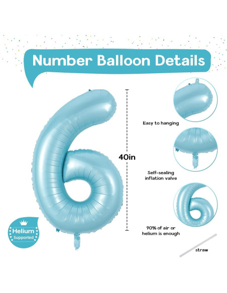 Globo de Número 6 Azul Claro Mylar 101,6 cm para Fiestas Globo de Número 6 Azul Claro Mylar 101,6 cm para Fiestas