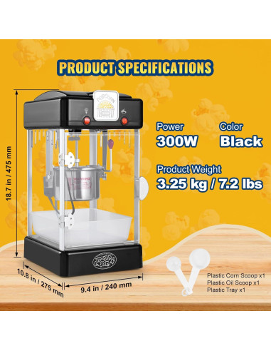 Máquina de Palomitas VEVOR 2.5 Oz 300W 4 QT Estilo Cine Negro