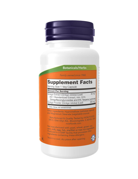 Suplemento Ginkgo Biloba NOW 60 mg 60 Cápsulas Veganas Suplemento Ginkgo Biloba NOW 60 mg 60 Cápsulas Veganas