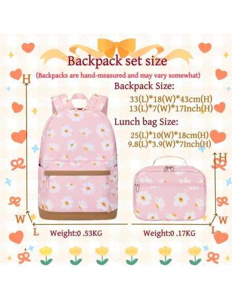 Conjunto de Mochilas EKUIZAI 2Pcs para Niñas con Bolsa de Almuerzo