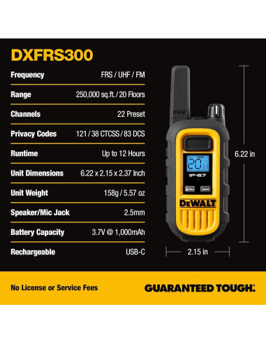 Walkie Talkies DEWALT DXFRS300 1W Impermeables 2 Paquete