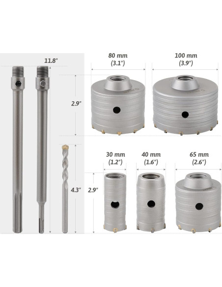 Kit de Brocas de Corona ZELCAN SDS Plus 30-100 mm 9 en 1 Kit de Brocas de Corona ZELCAN SDS Plus 30-100 mm 9 en 1