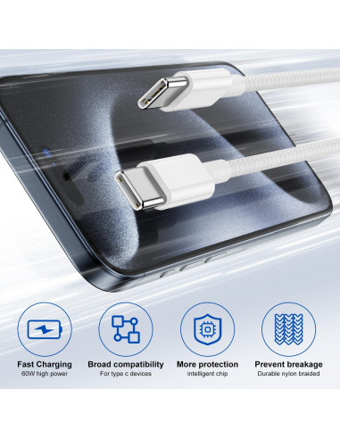 Paquete de 2 Cables USB-C a USB-C 1.83 m Hefaao Carga Rápida