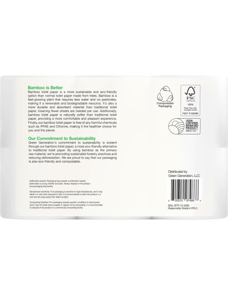 Papel Higiénico de Bambú Green Generation 12 Rollos 300 Hojas Papel Higiénico de Bambú Green Generation 12 Rollos 300 Hojas
