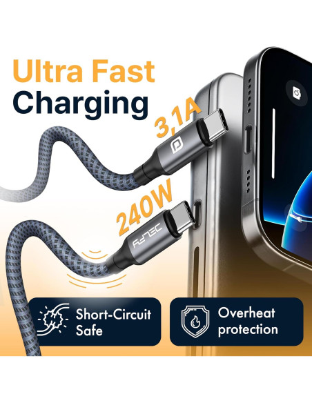 Cable USB-C trenzado Delfy 2m carga rápida 240W para iPhone 15/16 Cable USB-C trenzado Delfy 2m carga rápida 240W para iPhone 15/16