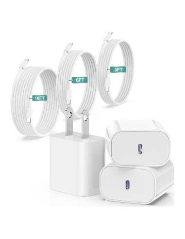 Cargador Rápido de Pared 20W USB C + 3 Cables para iPhone 15/16