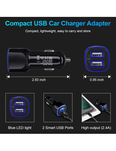 Cargador de Coche USB Rápido 3 Pack AndHot 2.4A Doble Puerto