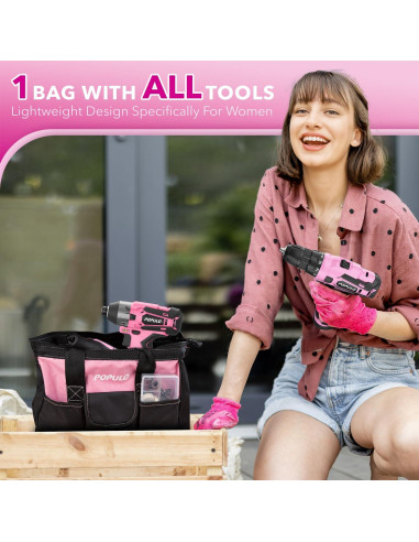 Combo de Herramientas Eléctricas Rosa POPULO - Taladro 12V, Destornillador y Kit