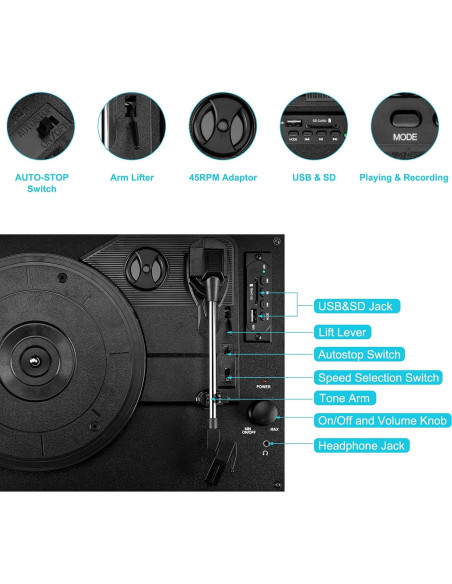Tocadiscos Bluetooth VINILOS ECS01 Maleta Portátil 3 Velocidades Tocadiscos Bluetooth VINILOS ECS01 Maleta Portátil 3 Velocidades