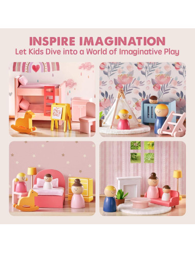 Casa de Muñecas de Madera Tiny Land 6 Habitaciones 30 Accesorios