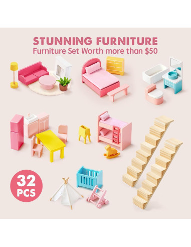 Casa de Muñecas de Madera Tiny Land 6 Habitaciones 30 Accesorios