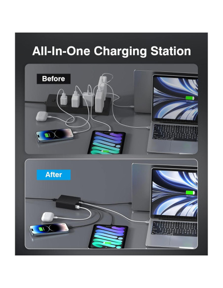 Cargador Rápido USB C KENUBI 200W 5 Puertos Carga Múltiple Cargador Rápido USB C KENUBI 200W 5 Puertos Carga Múltiple