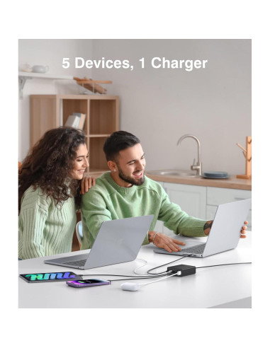 Cargador Rápido USB C KENUBI 200W 5 Puertos Carga Múltiple