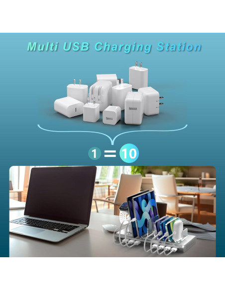 Estación de Carga USB 10 Puertos Unitek 60W Plata Estación de Carga USB 10 Puertos Unitek 60W Plata