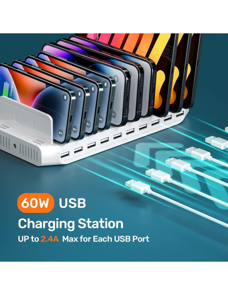 Estación de Carga USB Alxum 10 Puertos 60W Blanca Estación de Carga USB Alxum 10 Puertos 60W Blanca