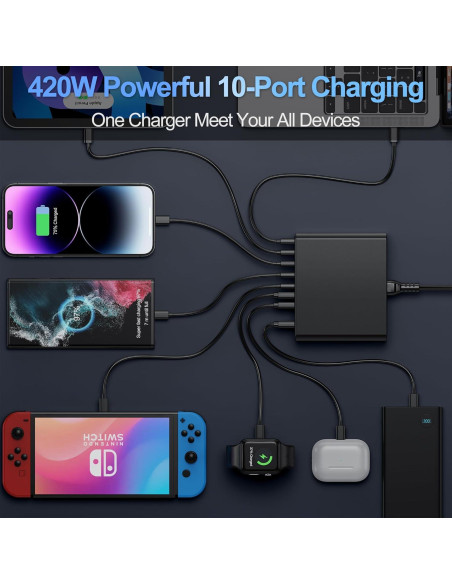 Cargador USB C 10 en 1 Aexhend 65W Rápido Negro Cargador USB C 10 en 1 Aexhend 65W Rápido Negro