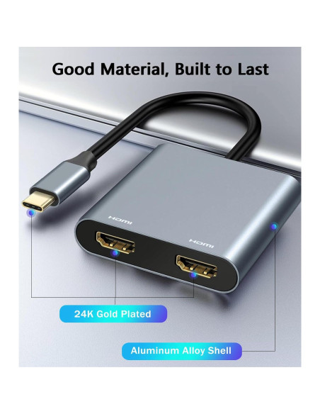 Adaptador USB C a Doble HDMI 4K 60Hz AKWOR para MacBook Adaptador USB C a Doble HDMI 4K 60Hz AKWOR para MacBook