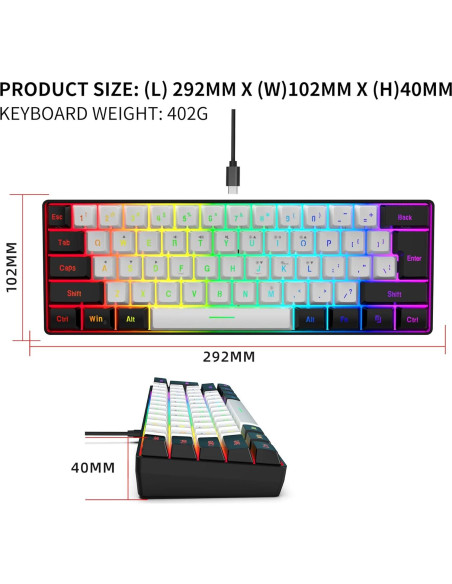 Teclado Gaming Snpurdiri 60% RGB Compacto USB Tipo-C Teclado Gaming Snpurdiri 60% RGB Compacto USB Tipo-C