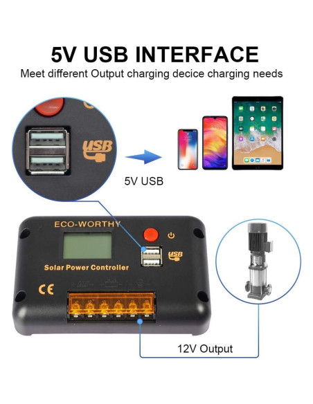 Controlador de Carga Solar ECO-WORTHY 30A 12/24V USB Controlador de Carga Solar ECO-WORTHY 30A 12/24V USB
