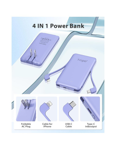 Cargador Portátil Morado 5000mAh con Enchufe AC Plegable