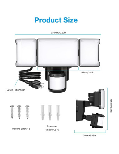 Luz de Inundación LED Olafus 75W con Sensor de Movimiento, 7500LM