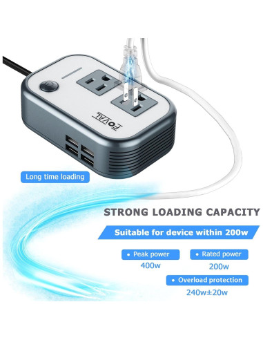 Inversor de Potencia FOVAL 200W 12V a 220V con 4 USB
