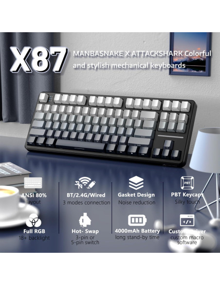 Teclado Mecánico Inalámbrico MANBASNAKE X87 RGB 87 Teclas Teclado Mecánico Inalámbrico MANBASNAKE X87 RGB 87 Teclas