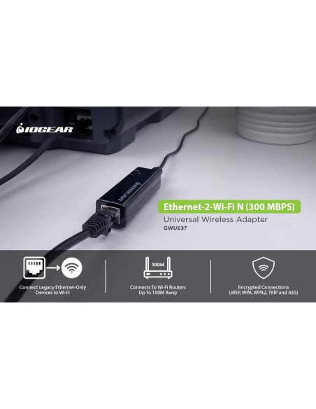Adaptador Ethernet a Wi-Fi IOGEAR GWU637 300Mbps 2.4GHz Adaptador Ethernet a Wi-Fi IOGEAR GWU637 300Mbps 2.4GHz