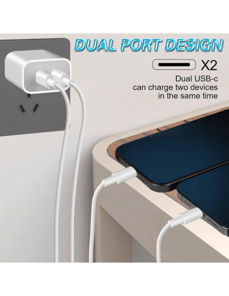 Cargador Rápido USB C Doble Puerto Apple con 2 Cables 6FT Cargador Rápido USB C Doble Puerto Apple con 2 Cables 6FT