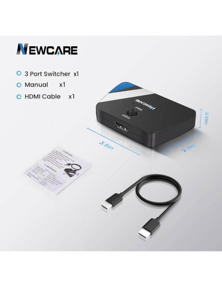 Interruptor HDMI 3 en 1 NEWCARE 4K@60Hz con Cable 0.79m Interruptor HDMI 3 en 1 NEWCARE 4K@60Hz con Cable 0.79m