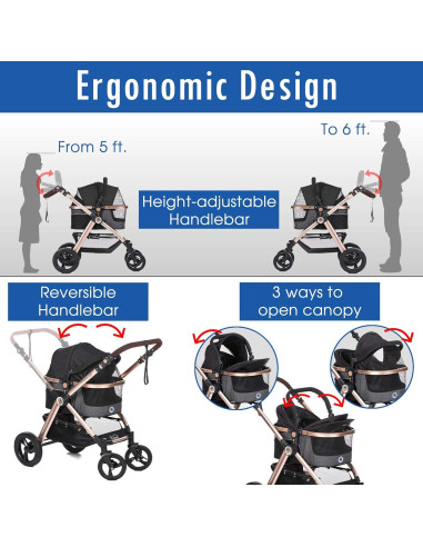 Carrito de Lujo para Mascotas HPZ Pet Rover Prime 3 en 1 - Negro