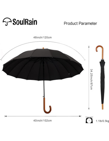 Paraguas Automático SoulRain 16 Varillas 122 cm Negro