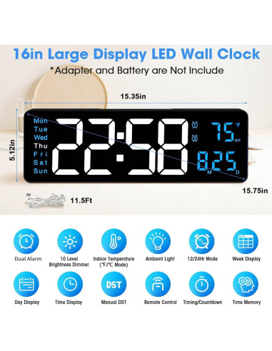 Reloj de Pared Digital CandyHome 39x13 cm con Control Remoto