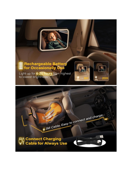 Espejo de Coche para Bebé TAZENI con Luz 2000mAh y Control Remoto Espejo de Coche para Bebé TAZENI con Luz 2000mAh y Control Remoto