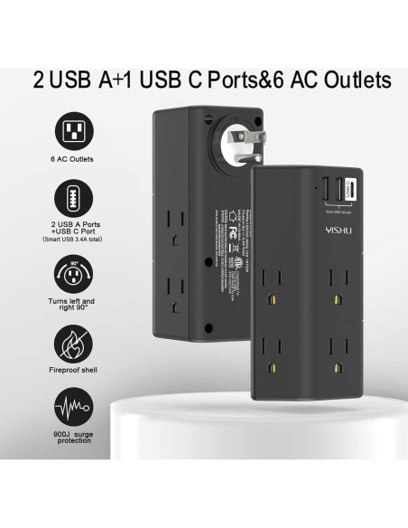 Regleta de Energía YISHU con 6 Salidas AC y 3 USB, Negro Regleta de Energía YISHU con 6 Salidas AC y 3 USB, Negro