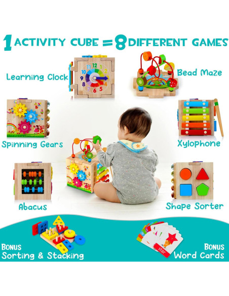 Cubo de Actividad de Madera HELLOWOOD 8 en 1 para Bebés 1-3 Años Cubo de Actividad de Madera HELLOWOOD 8 en 1 para Bebés 1-3 Años