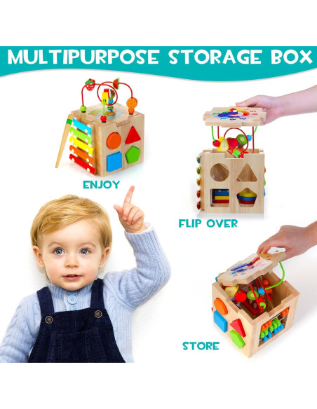 Cubo de Actividad de Madera HELLOWOOD 8 en 1 para Bebés 1-3 Años Cubo de Actividad de Madera HELLOWOOD 8 en 1 para Bebés 1-3 Años