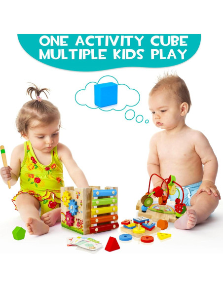 Cubo de Actividad de Madera HELLOWOOD 8 en 1 para Bebés 1-3 Años Cubo de Actividad de Madera HELLOWOOD 8 en 1 para Bebés 1-3 Años