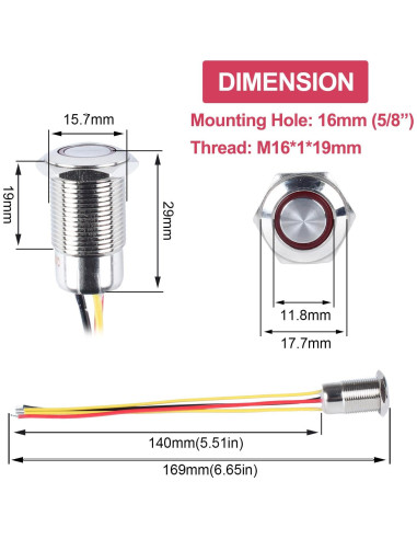 Interruptor pulsador metálico 16mm DMWD IP67 ON-OFF LED azul