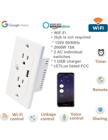 Enchufe Inteligente WiFi Jinvoo 2 AC con USB Control Remoto