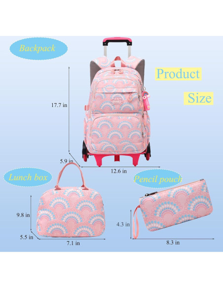 Mochila Rodante 3PCS YJMKOI para Niñas Color Rosa Mochila Rodante 3PCS YJMKOI para Niñas Color Rosa