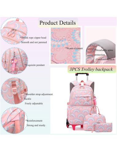 Mochila Rodante 3PCS YJMKOI para Niñas Color Rosa